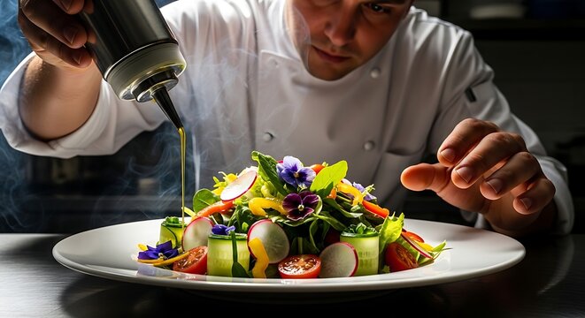 Chef preparing healthy colorful food plate.