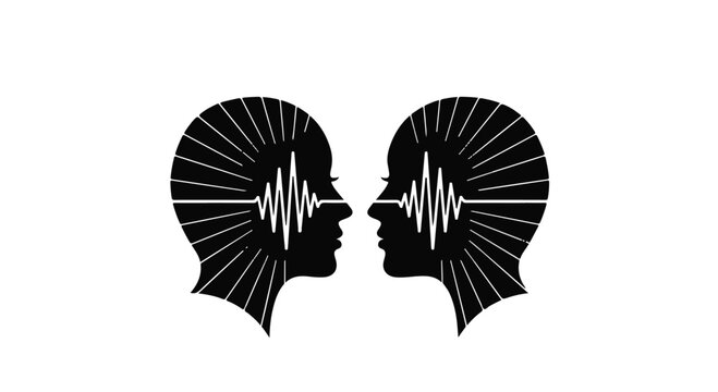 Abstract representation of two profiles sharing ideas through sound waves and energy.
