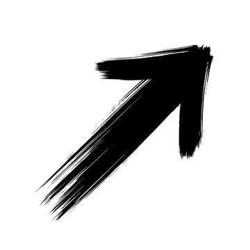 A bold black arrow symbol drawn with a thick textured brush stroke pointing towards top right side isolated on transparent background