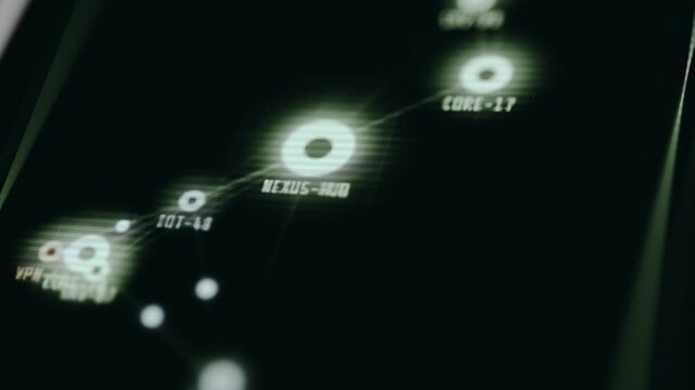 Slow moving CORE, EDGE, DB, FW, WAN, VPN nodes with dynamic connections between nodes and animated data packets running on lines