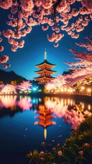 Obraz premium A stunning nighttime view of a traditional Japanese pagoda reflected in a serene pond, framed by vibrant cherry blossoms under a clear, starry sky.