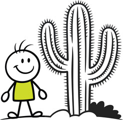 Fototapeta premium Cartoon stick figure boy standing next to a large cactus