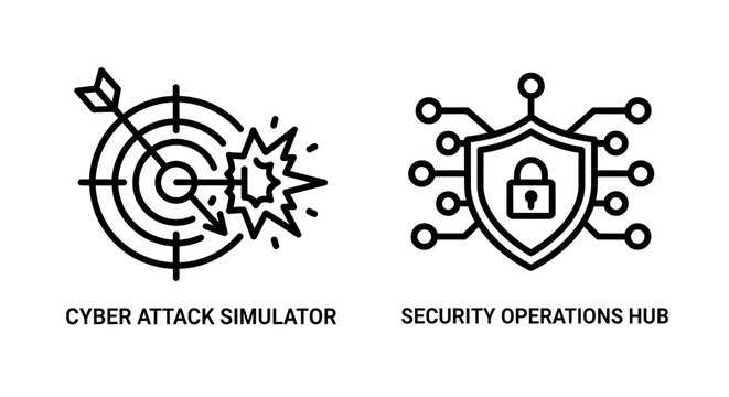 Cyber attack simulator and security operations hub icons with simulator