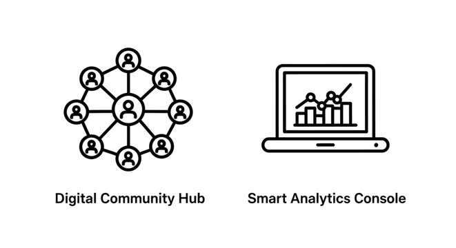 Digital community hub and smart analytics console line icons with community
