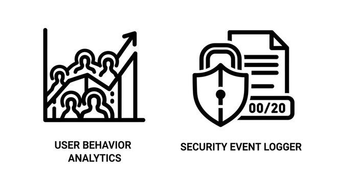 User behavior analytics and security event logger icons with analytics, behavior