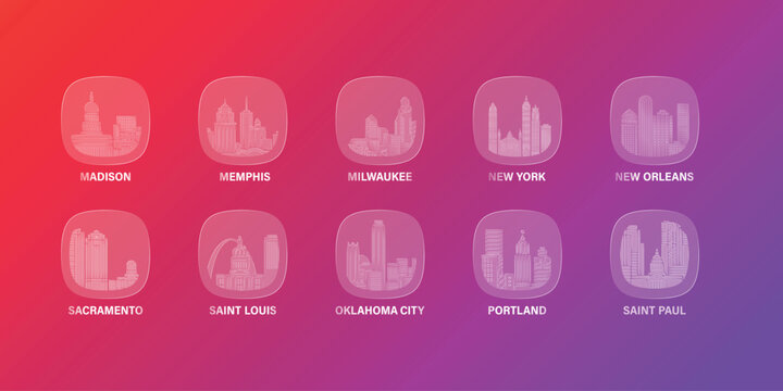 USA, American cities icons with glass, liquid effect. Set of cityscapes for interface design. Vector Madison, Memphis, Milwaukee, New Orleans, Oklahoma City, Portland skylines