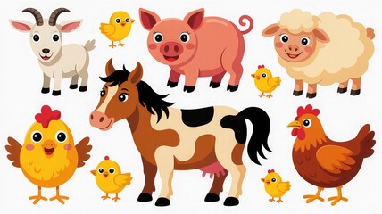 Fototapeta premium Cute Farm Animal Cartoon Illustration Set with Cow Pig Sheep Goat Chicken Horse and Chicks