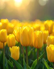 Obraz premium A vibrant field of yellow tulips basks in the warm glow of the sun, creating a picturesque and cheerful springtime scene.