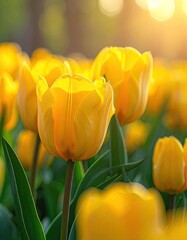 Naklejka premium A vibrant close-up showcases a single, luminous yellow tulip bathed in warm sunlight, surrounded by a soft, blurred field of similar blooms.
