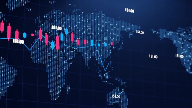 Digital world map glows beneath stock chart lines