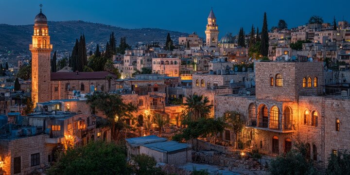 Historic cityscape with illuminated stone towers and warm evening lights