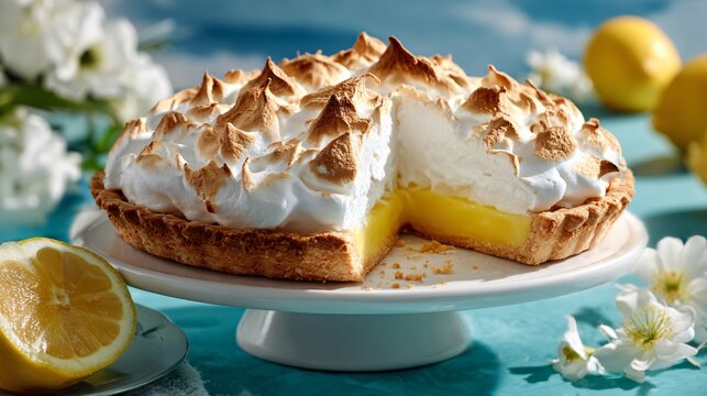 Lemon meringue pie with tall toasted meringue peaks sliced cleanly to reveal vibrant filling styled in bright kitchen lighting