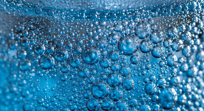 close-up of sparkling blue soda water with rising bubbles