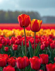 Obraz premium A vibrant close-up showcases two striking red and yellow tulips standing tall amidst a vast field of blooming red tulips under a soft, overcast sky.