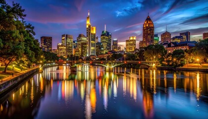 Obraz premium A stunning twilight view of Frankfurt's skyline reflected in the Main River, showcasing the city's modern architecture and vibrant atmosphere.