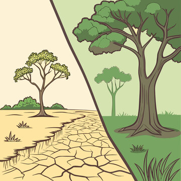 Drought vs lush green landscape, cracked earth and thriving tree, represents cli