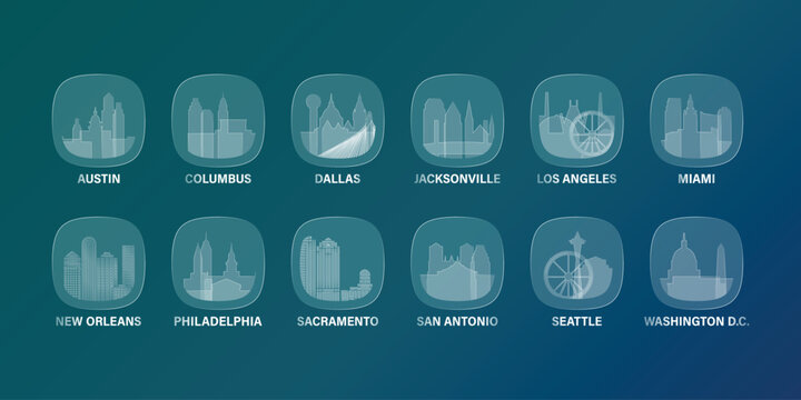 USA, American cities icons with glass, liquid effect. Set of cityscapes for interface design. Vector Austin, Dallas, Miami, Washington, Philadelphia, New Orleans skylines