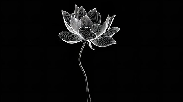Monochrome line art illustration of a detailed lotus flower on black background.