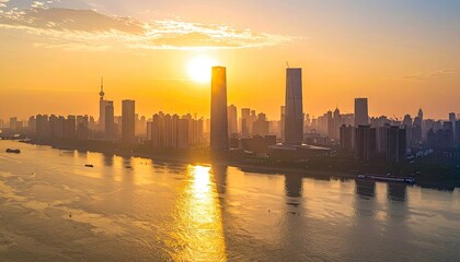 Fototapeta premium A stunning aerial view captures a vibrant cityscape bathed in the warm glow of a setting sun, reflecting beautifully on the tranquil river below.