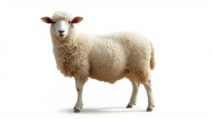 Fototapeta premium A fluffy white sheep standing on a plain white background looking directly at the camera with curiosity and innocence