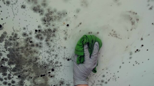 Removing mold from the ceiling, wiping off the mold with a rag before treating with mold remover