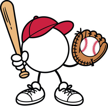 Cartoon baseball character holding a bat and wearing a glove with a ball