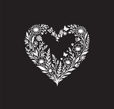 Heart with spring flowers vector black background white sketch