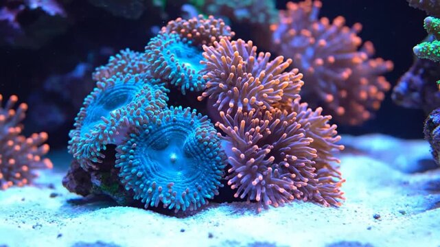 Mesmerizing close up view of colorful coral reef in a vibrant marine aquarium with sand and rocks