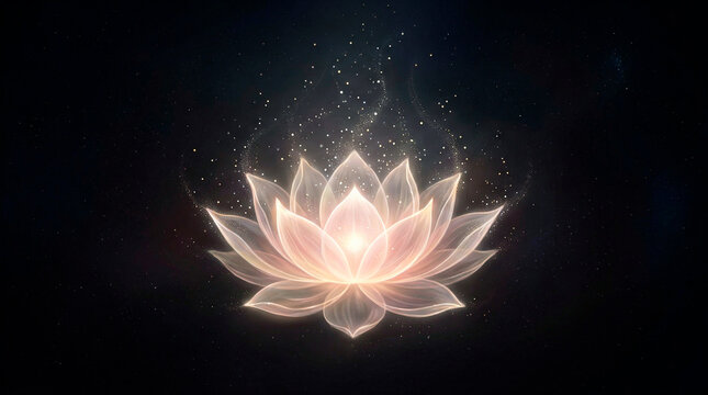  A stylized lotus flower with soft pinkish-white petals radiating a gentle glow. The background is adorned with fine gold glitter, enhancing the design's mystical atmosphere.