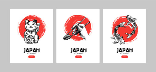 Naklejka na ściany i meble Japanese hand drawn banner set. Tradicional asian cuisine collage for menu, poster, branding. Vintage sketch sushi vector illustration.
