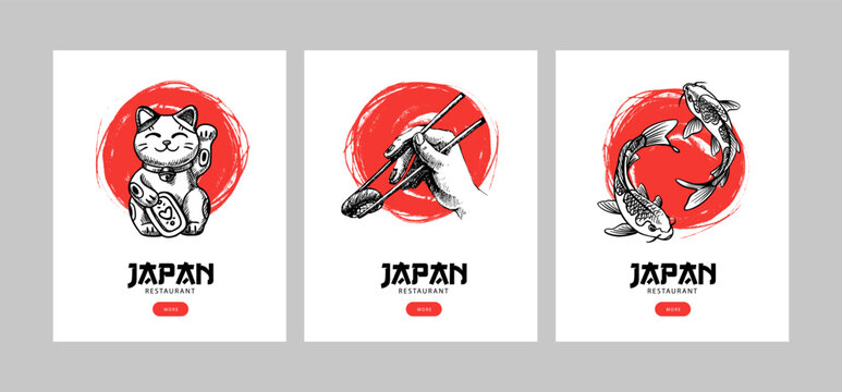 Japanese hand drawn banner set. Tradicional asian cuisine collage for menu, poster, branding. Vintage sketch sushi vector illustration.