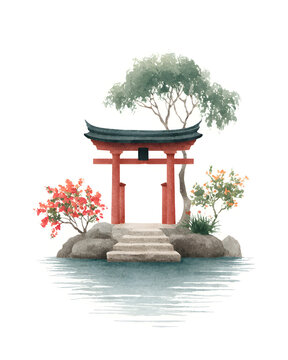 Traditional Japanese torii gate on tranquil water island, watercolor illustration of serene cultural landscape, peaceful zen garden vibes with natural beauty of Asian flora