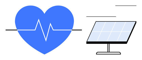 Renewable energy, health monitoring, sustainability, ecological technology, clean power, innovation. Blue heart with pulse line and solar panel. Renewable energy and health monitoring concepts © robu_s