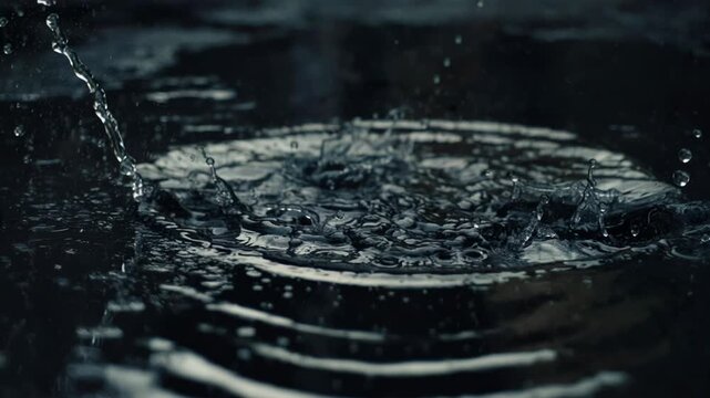 Water droplets create dynamic splashes on a dark surface, showcasing the continuous motion and ripple effects in a serene, reflective environment