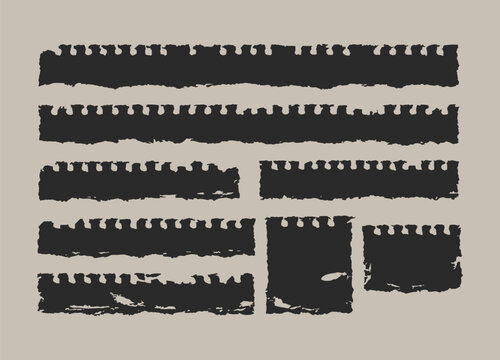 Set of black ripped notebook paper strips with torn spiral edges and realistic paper textures on beige background vector illustration
