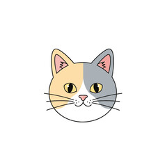 Fototapeta premium A charming illustration of a calico cat's face with distinct patches of cream and grey fur, bright yellow eyes, and delicate whiskers.