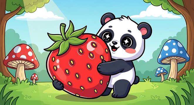 Cartoon panda holding big strawberry.