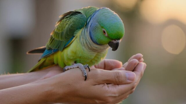 Gentle Parrot Perched on Open Hands, Soft Bokeh Background, Close-up