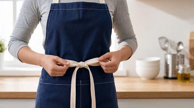 Person tying a blue apron in a kitchen.