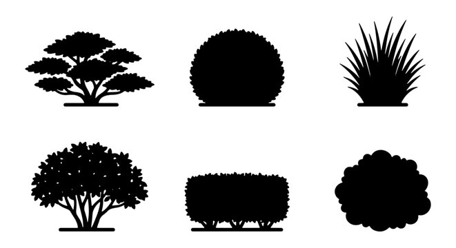 Black bush silhouette set of 6 vector icons, garden shrub and hedge plant silhouettes, landscape architecture greenery elements for site plans