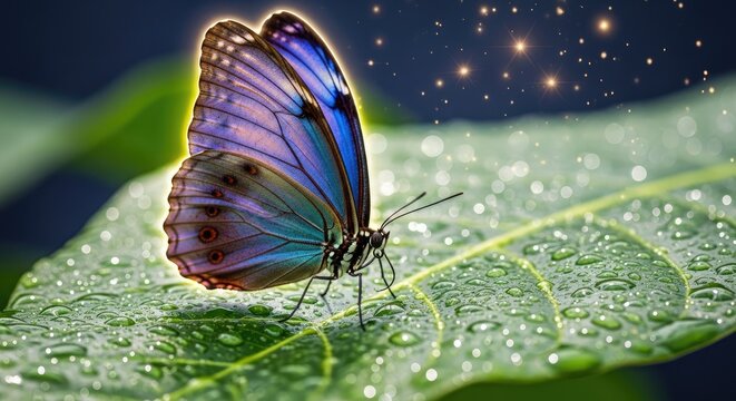 Butterfly on a Leaf with Sparkling Lights.