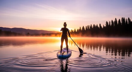 Fototapeta premium Person paddleboarding on serene lake.