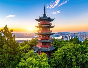 Fototapeta premium A stunning view of the Yellow Crane Tower in Wuhan, China, bathed in the warm glow of a vibrant sunset, showcasing traditional architecture and a sprawling cityscape.