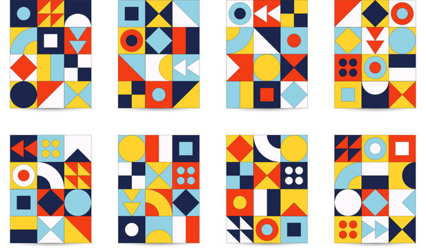 Set of eight abstract geometric posters in Bauhaus style with bright shapes triangles and circles for modern design. Eps 10