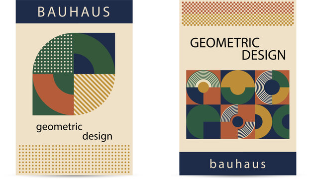 Set of two vertical abstract posters in Bauhaus style with geometric shapes circles and lines in retro colors. Eps 10