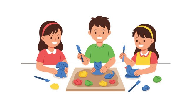 Three happy children sit at a table together, creatively sculpting adorable blue animals like a dog, cat, and bird out of colorful modeling clay.