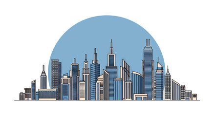 Fototapeta premium Modern City Skyline with Skyscrapers and Tall Buildings, Minimalist Urban Landscape Vector Illustration on Blue Background