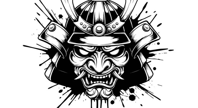 Japanese Samurai Warrior Mask with Oni Faceplate and Kabuto Helmet, Black and White Ink Splatter Vector Illustration