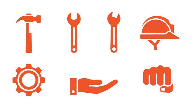 Work Tools Icons: A set of orange-colored work tool icons, perfect for representing construction, engineering, and various manual labor concepts, presented with clear and bold designs.