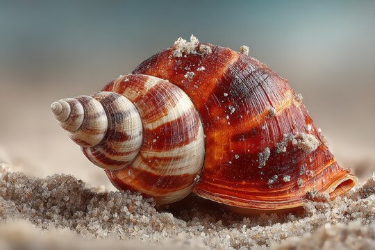 Single seashell on sandy beach close up
